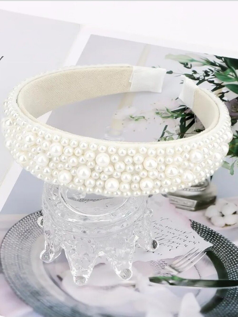 New Cluster Pearl Padded Bridal Headband Velvet Wedding Crown Tiara